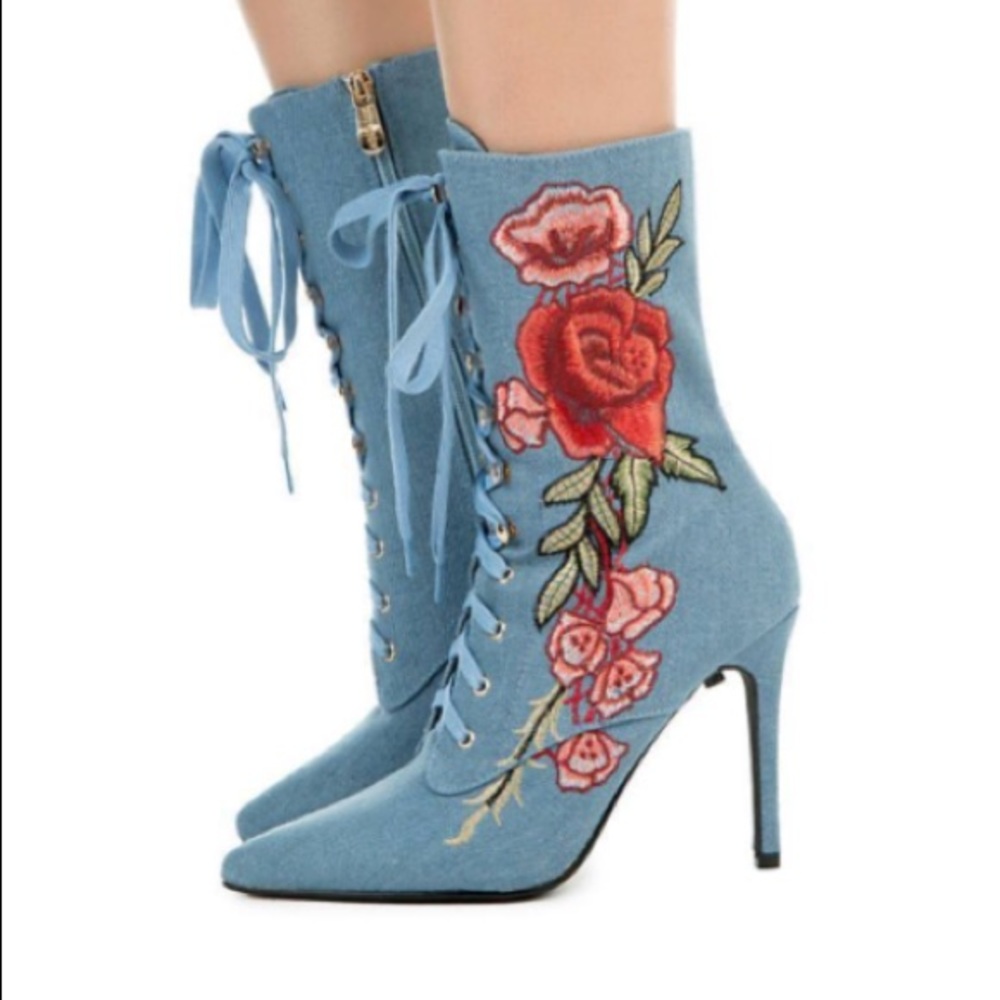 DENIM LACE UP ROSE BOOTIES - Picture 6 of 8